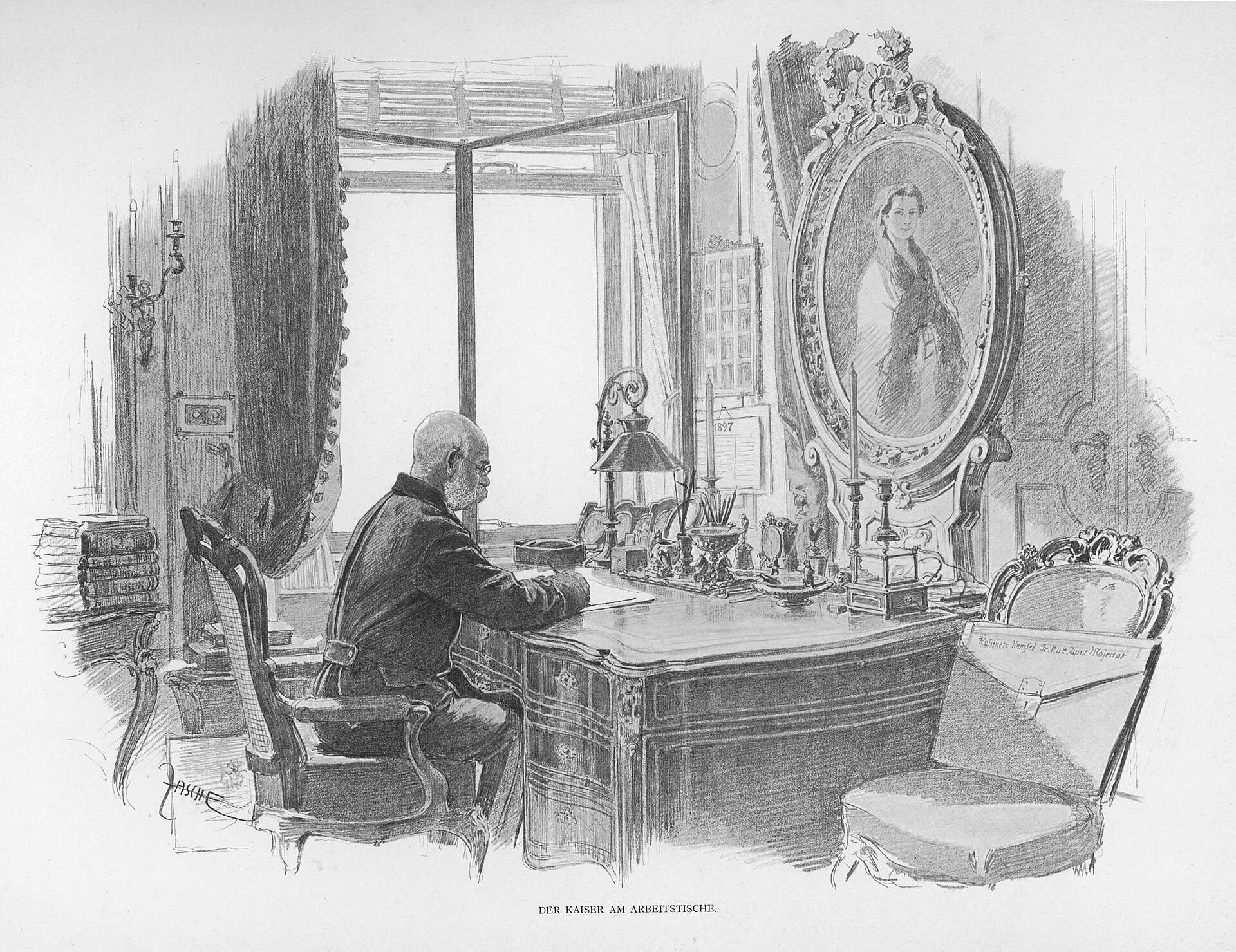 „Der Kaiser am Arbeitstische“. Illustration aus „Viribus unitis“ nach einer Zeichnung von Wilhelm Zasche, 1898 © Schloß Schönbrunn Kultur- und Betriebsges.m.b.H. / Sascha Rieger